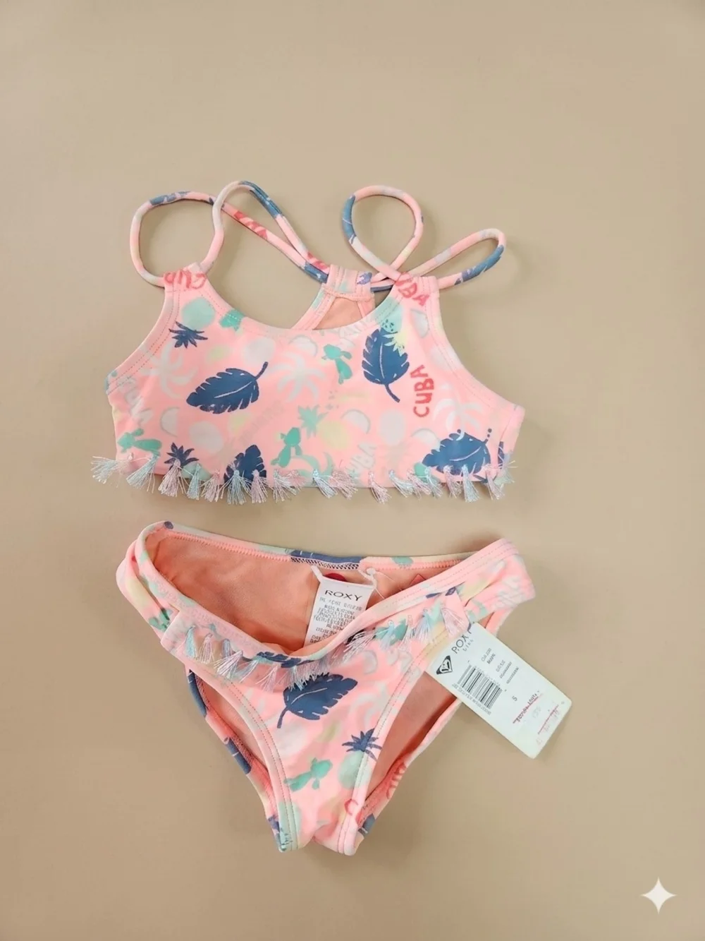 Roxy Pink Tropical Fringe Girls Two-Piece Swim Set